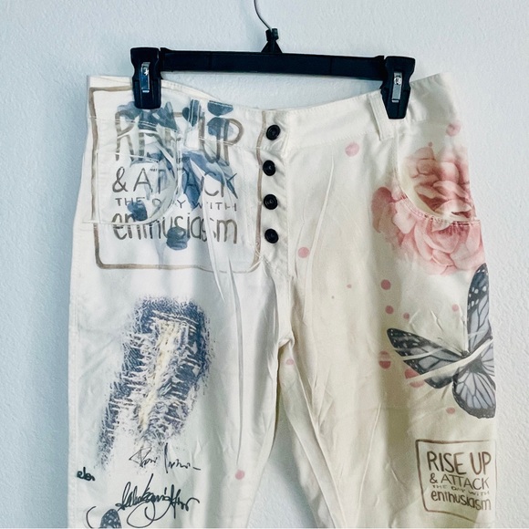 Made in Italy Summer pants CRUSH jeans white flower rose butterflies writing - Picture 13 of 17